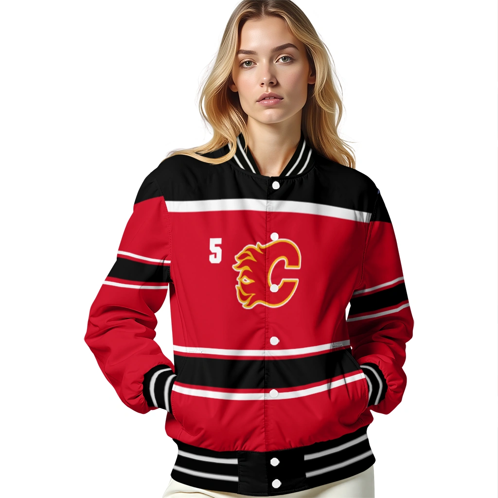 custom calgary flames stripe statement red black varsity jacket latest model custom calgary flames stripe statement red black varsity jacket latest model