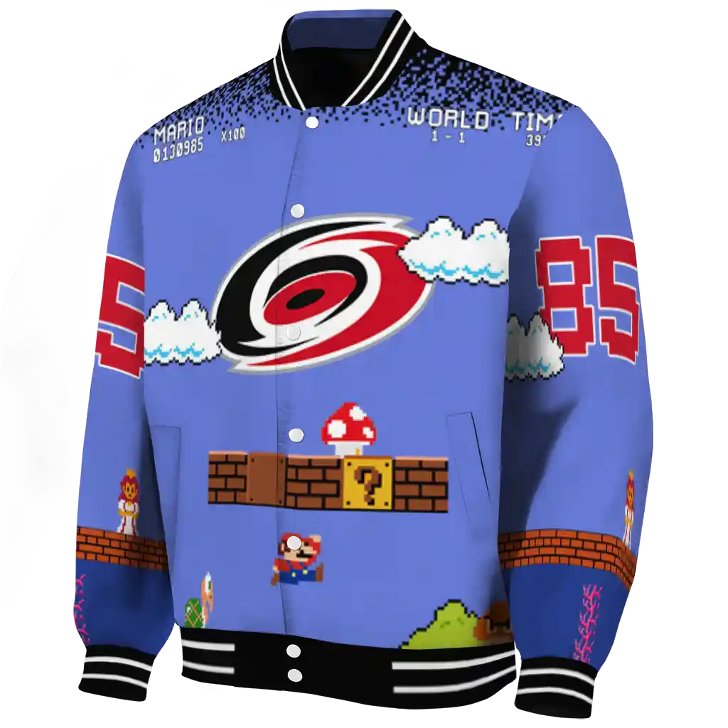 custom carolina hurricanes mario blocks blue black varsity jacket best selling custom carolina hurricanes mario blocks blue black varsity jacket best selling