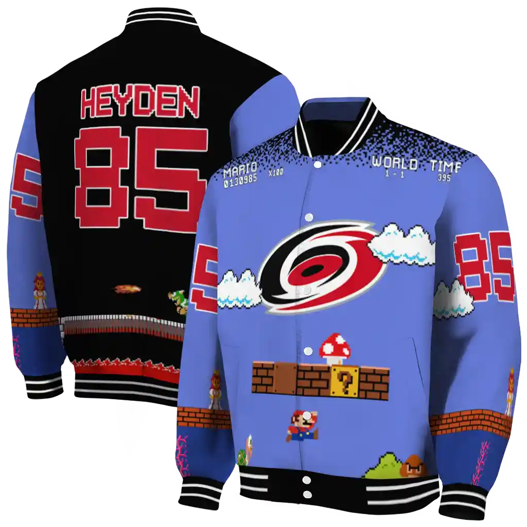 custom carolina hurricanes mario blocks blue black varsity jacket fashion forward custom carolina hurricanes mario blocks blue black varsity jacket fashion forward