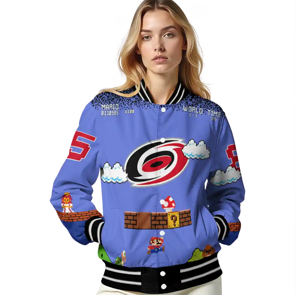 custom carolina hurricanes mario blocks blue black varsity jacket latest model custom carolina hurricanes mario blocks blue black varsity jacket latest model