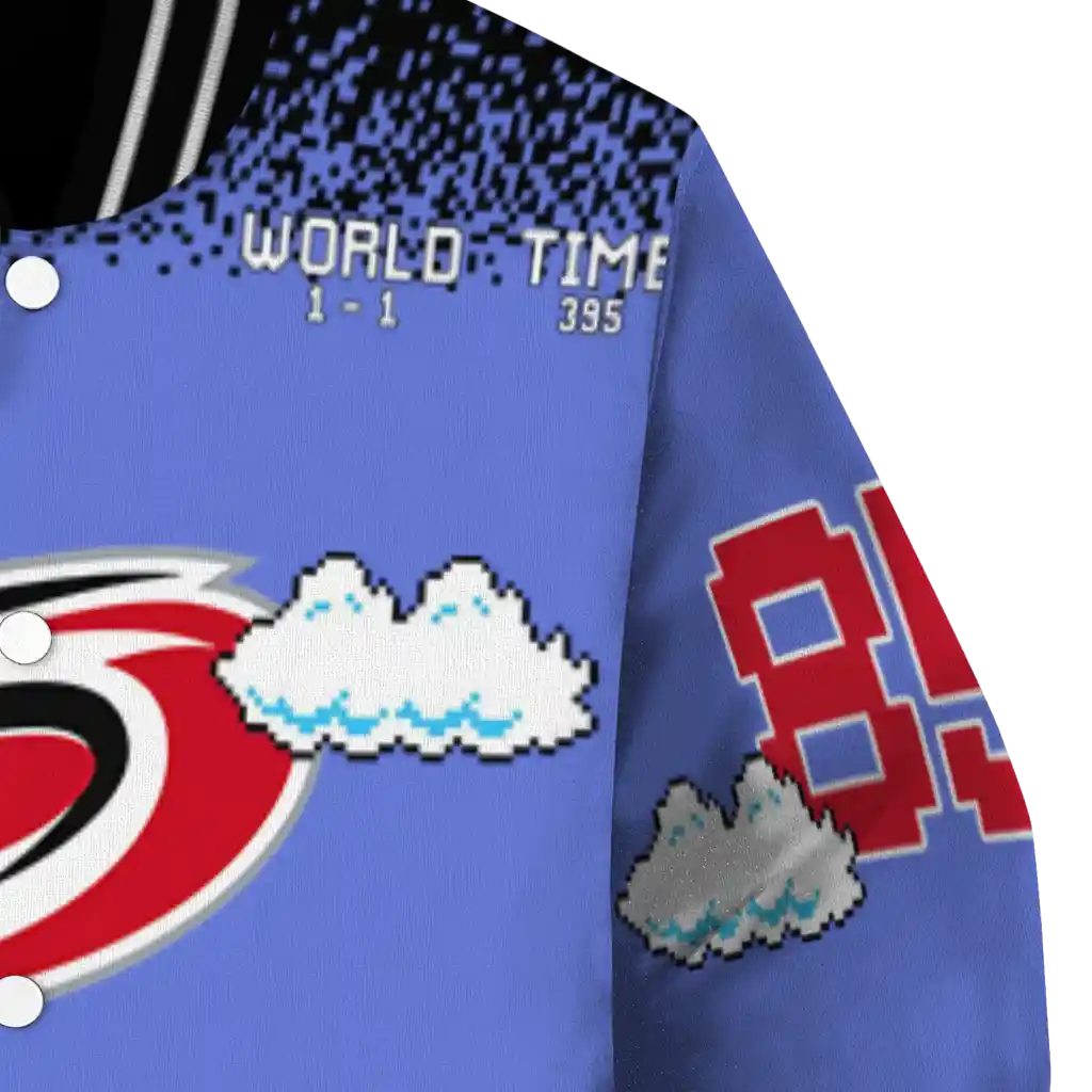 custom carolina hurricanes mario blocks blue black varsity jacket premium grade custom carolina hurricanes mario blocks blue black varsity jacket premium grade