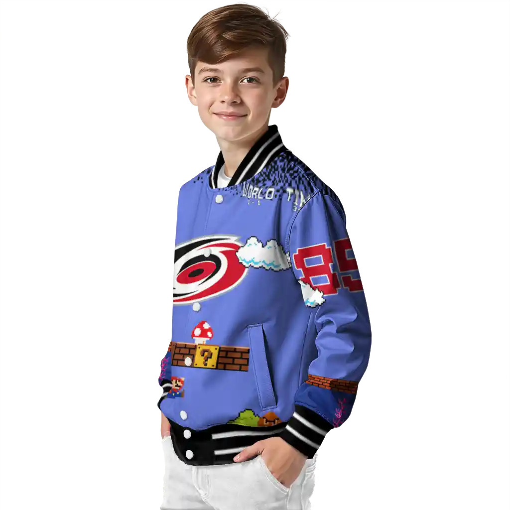 custom carolina hurricanes mario blocks blue black varsity jacket trendy custom carolina hurricanes mario blocks blue black varsity jacket trendy