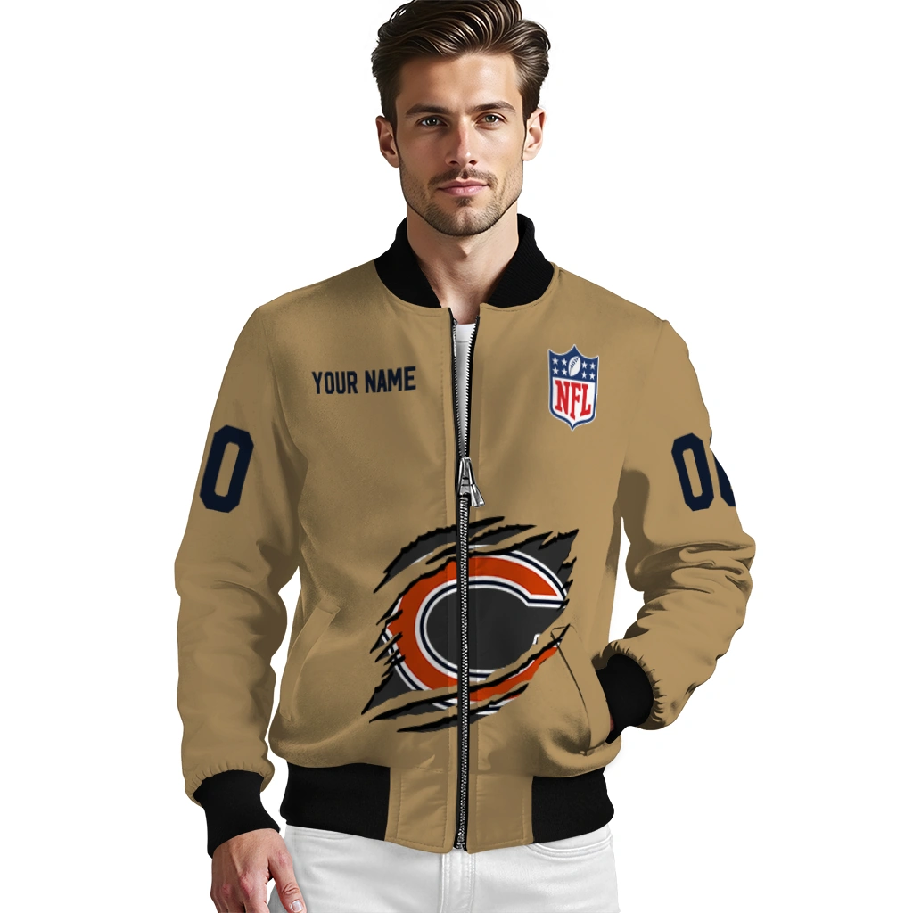 custom chicago bears claw tear beige bomber jacket high quality custom chicago bears claw tear beige bomber jacket high quality