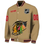 custom chicago blackhawks claw burst beige varsity jacket best selling