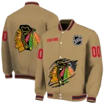 custom chicago blackhawks claw burst beige varsity jacket best selling