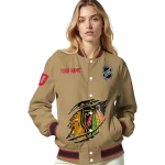 custom chicago blackhawks claw burst beige varsity jacket best selling