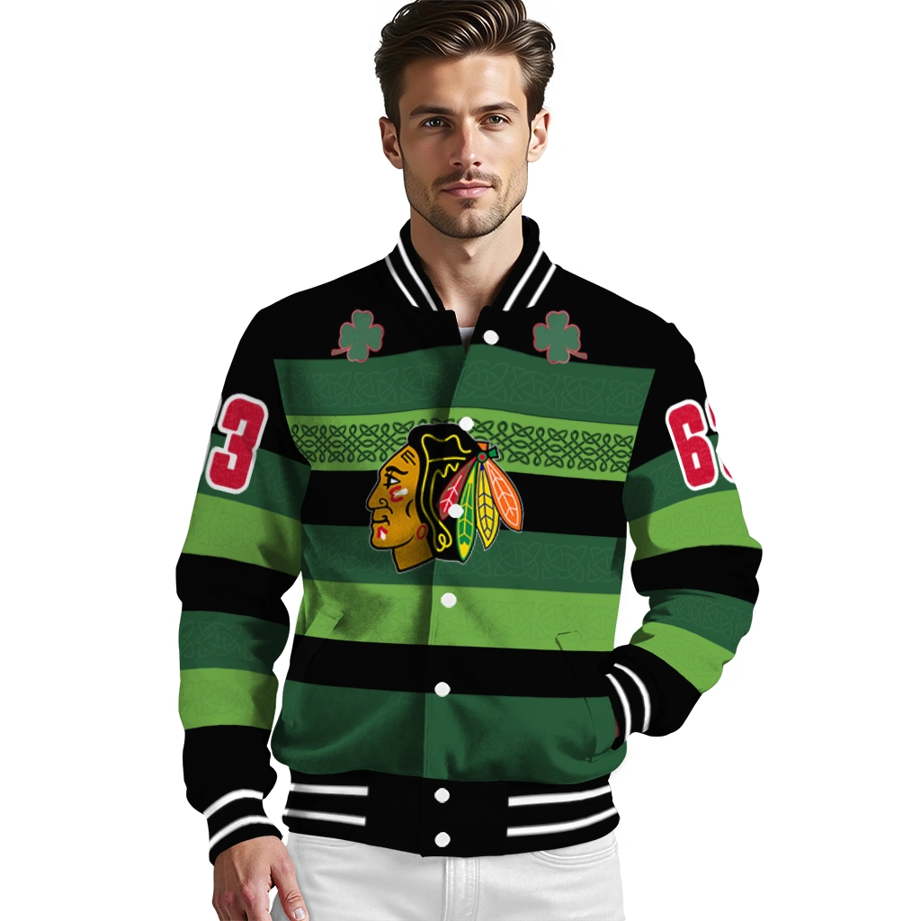 custom chicago blackhawks clover green lines green black varsity jacket high quality custom chicago blackhawks clover green lines green black varsity jacket high quality
