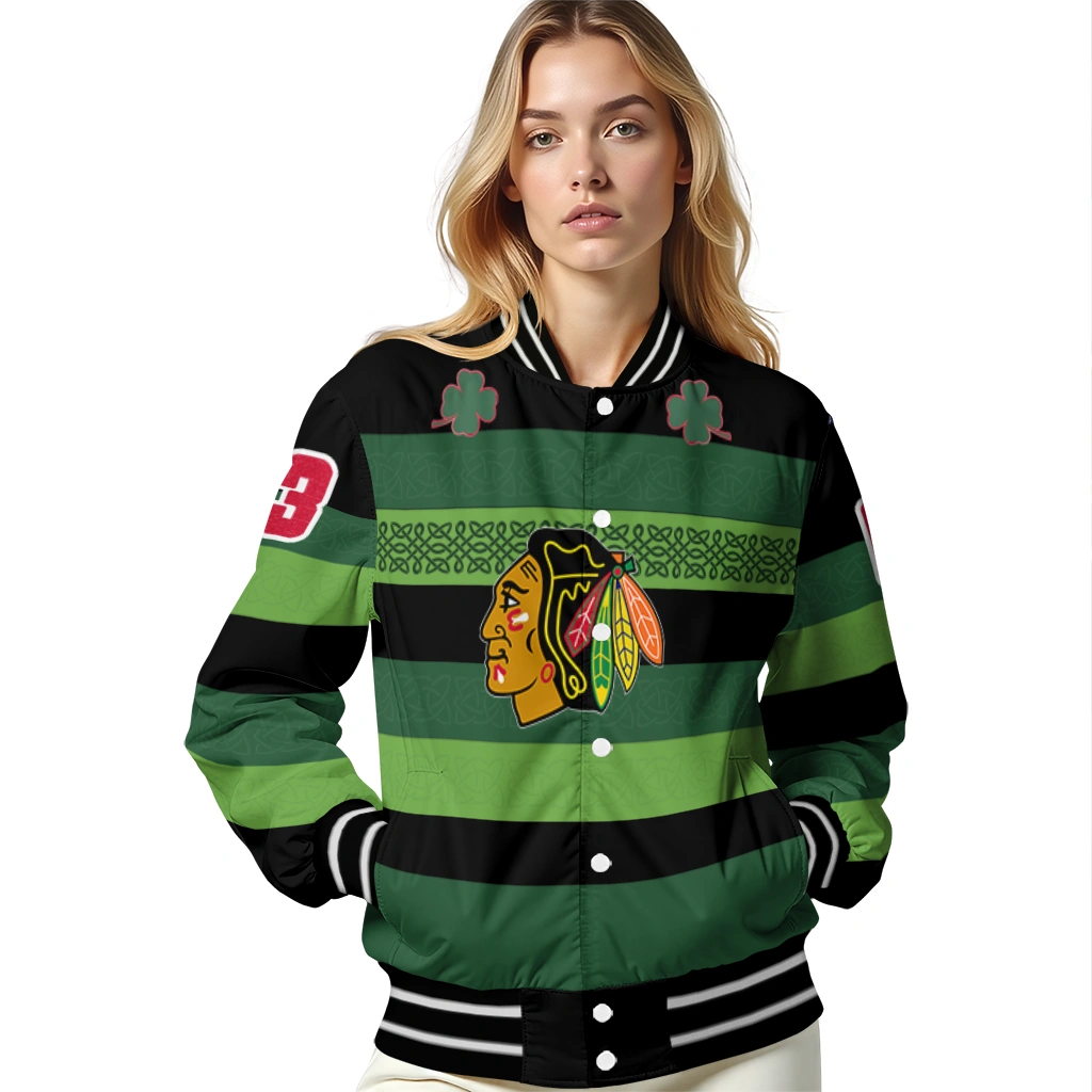custom chicago blackhawks clover green lines green black varsity jacket latest model custom chicago blackhawks clover green lines green black varsity jacket latest model
