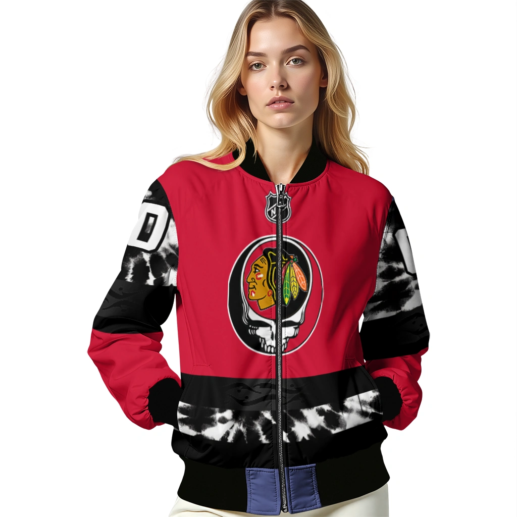 custom chicago blackhawks skull stripe red black bomber jacket latest model custom chicago blackhawks skull stripe red black bomber jacket latest model