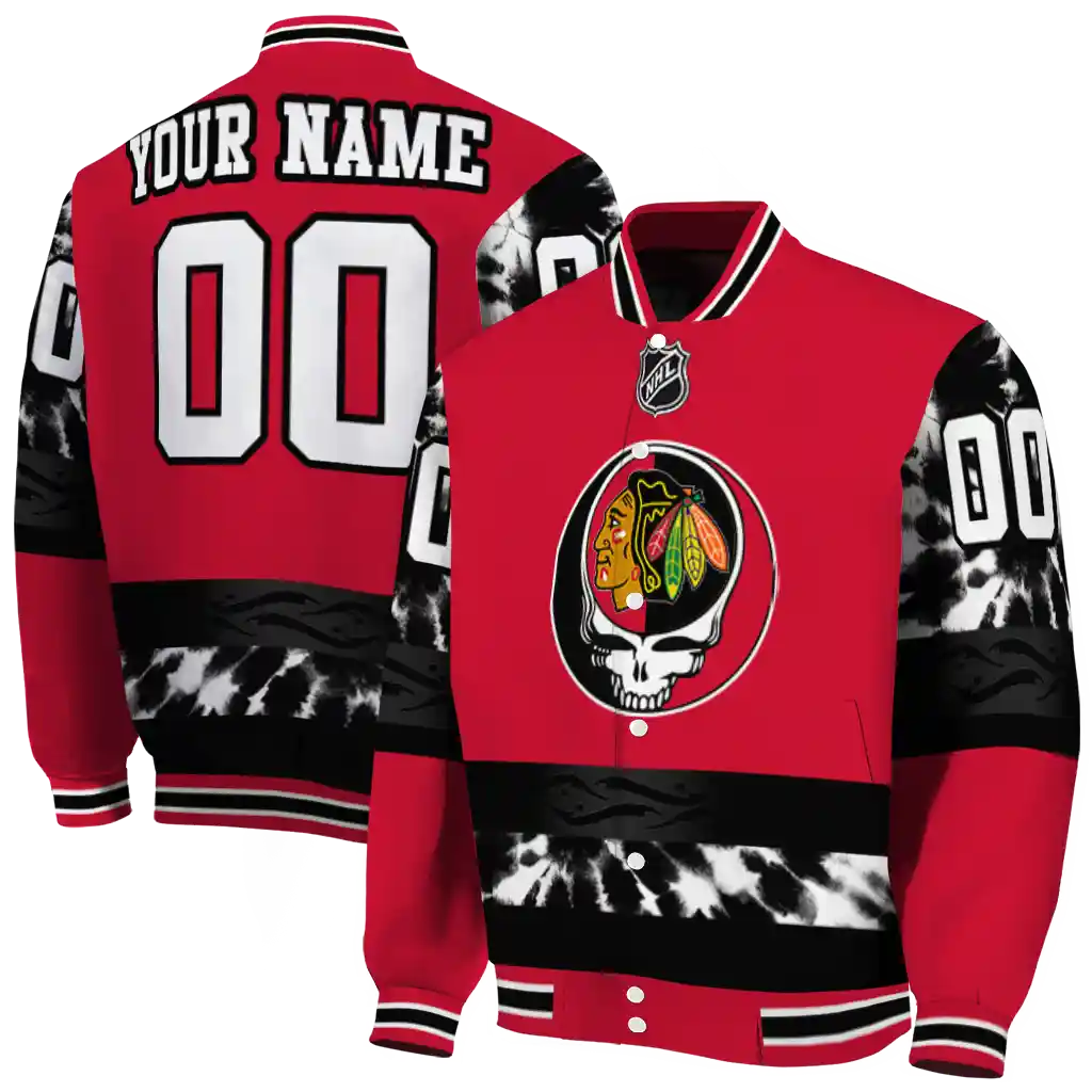 custom chicago blackhawks skull stripe red black varsity jacket fashion forward custom chicago blackhawks skull stripe red black varsity jacket fashion forward