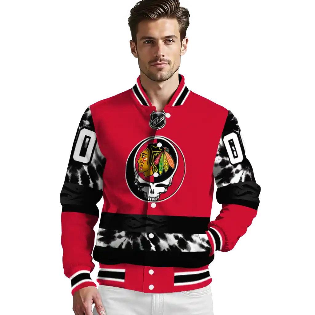 custom chicago blackhawks skull stripe red black varsity jacket high quality custom chicago blackhawks skull stripe red black varsity jacket high quality