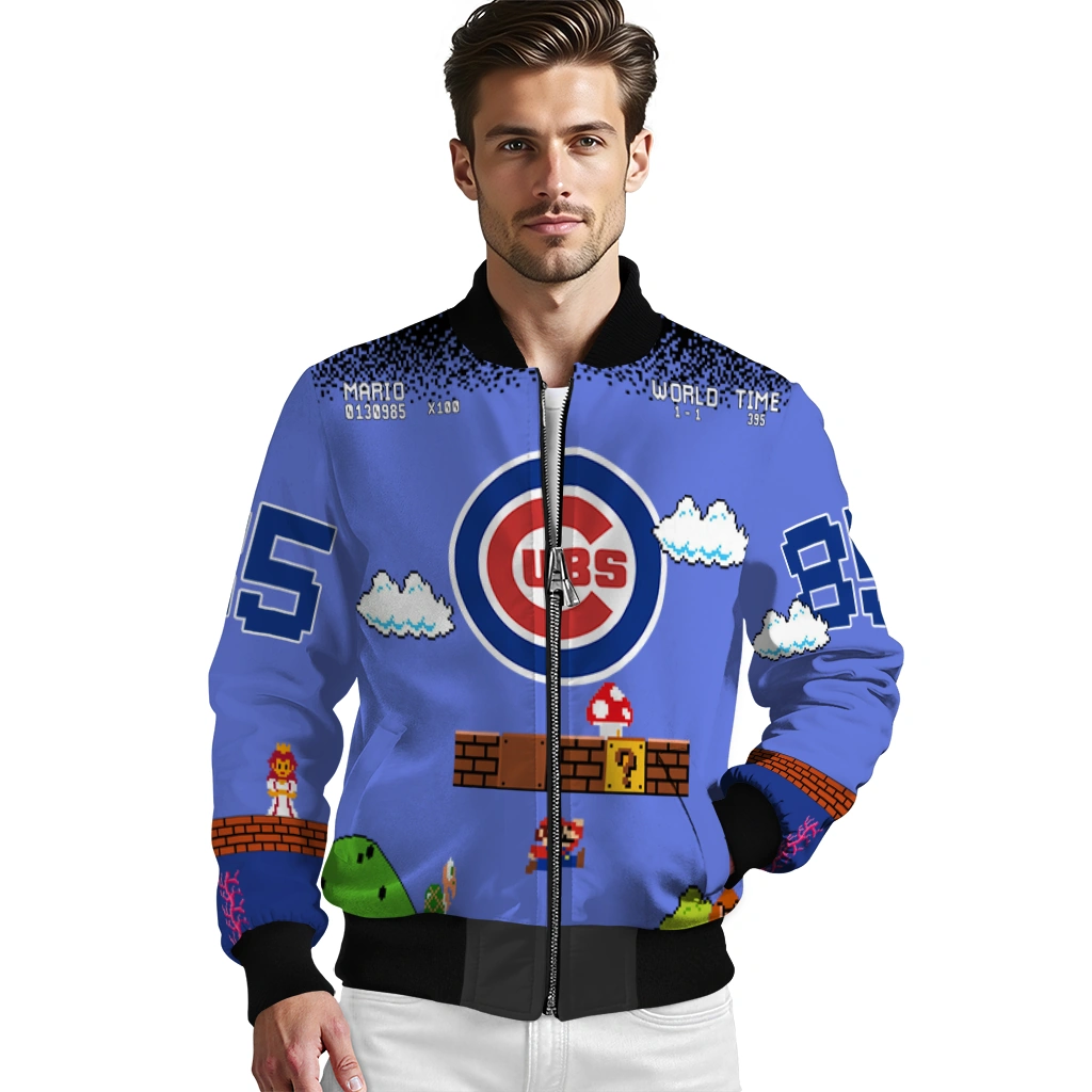custom chicago cubs mario blocks blue black bomber jacket high quality custom chicago cubs mario blocks blue black bomber jacket high quality