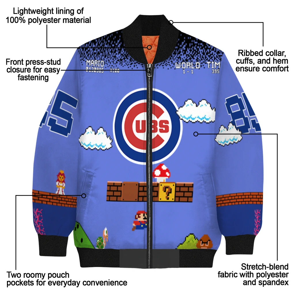 custom chicago cubs mario blocks blue black bomber jacket new arrival custom chicago cubs mario blocks blue black bomber jacket new arrival