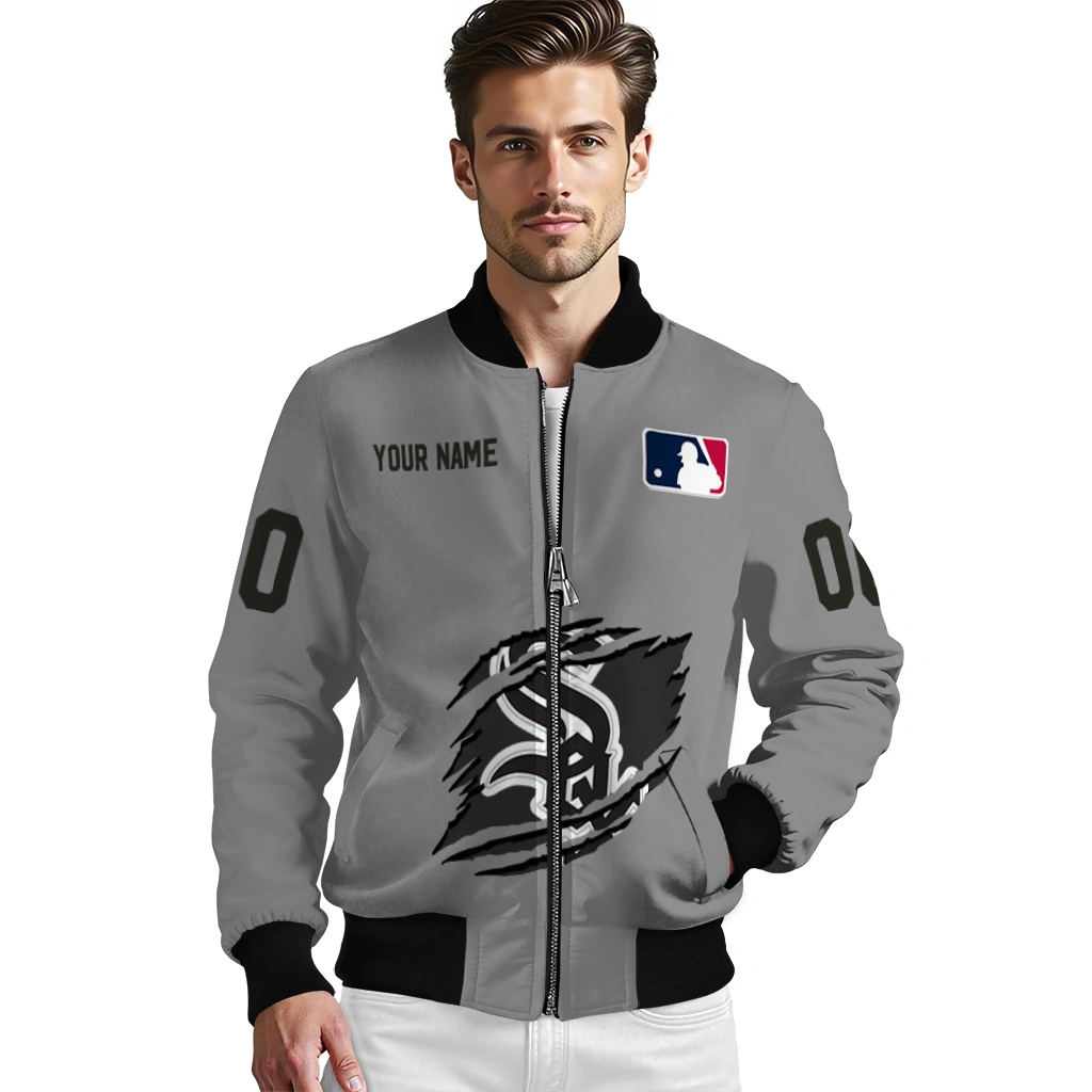 custom chicago white sox claw rend grey bomber jacket high quality custom chicago white sox claw rend grey bomber jacket high quality