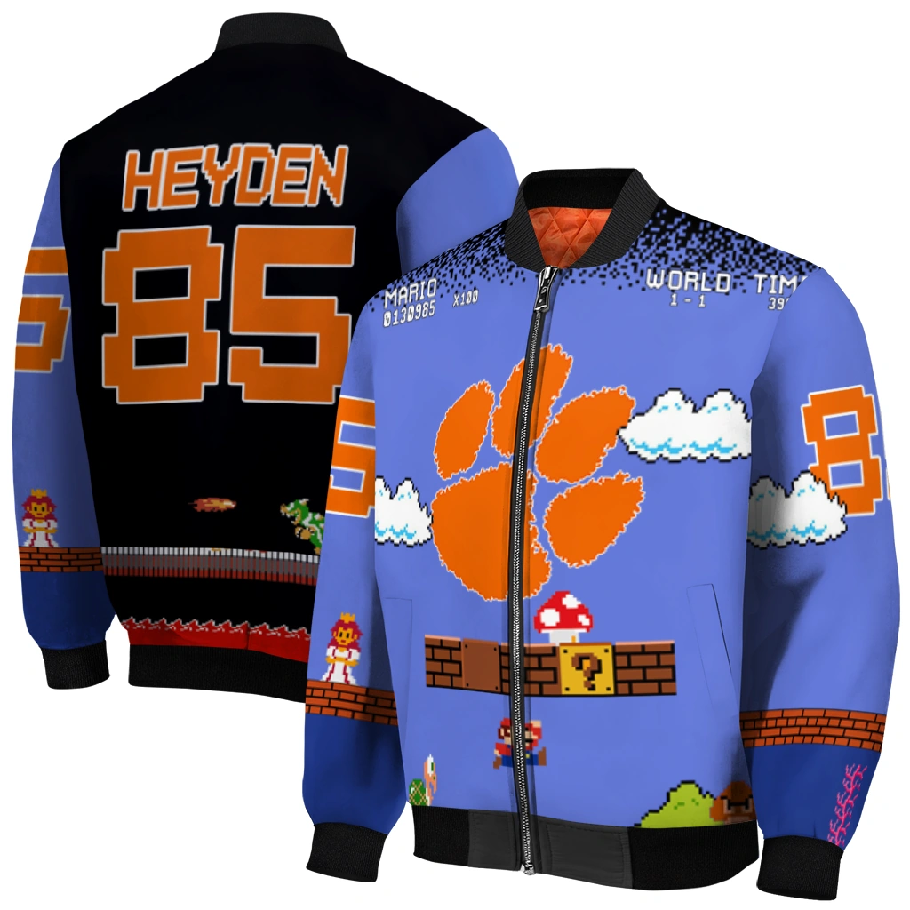 custom clemson tigers mario blocks blue black bomber jacket best selling custom clemson tigers mario blocks blue black bomber jacket best selling