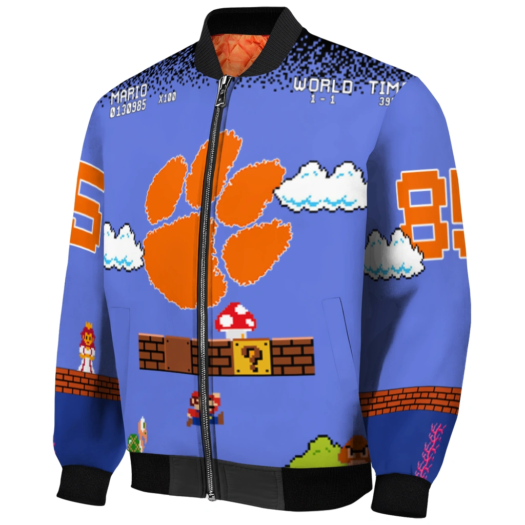 custom clemson tigers mario blocks blue black bomber jacket fashion forward custom clemson tigers mario blocks blue black bomber jacket fashion forward