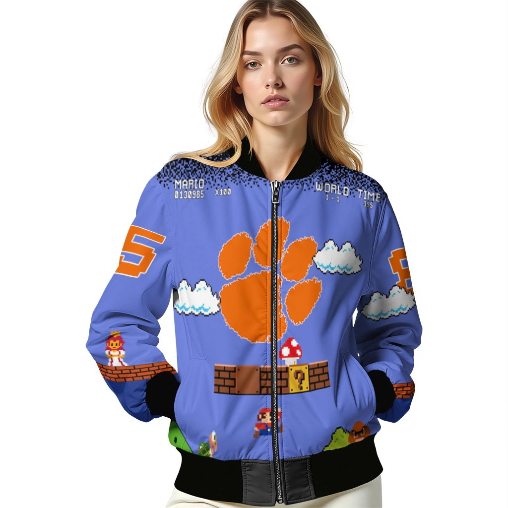 custom clemson tigers mario blocks blue black bomber jacket latest model custom clemson tigers mario blocks blue black bomber jacket latest model
