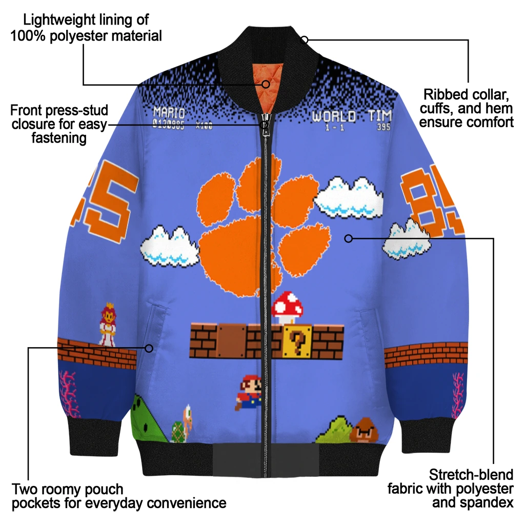 custom clemson tigers mario blocks blue black bomber jacket new arrival custom clemson tigers mario blocks blue black bomber jacket new arrival