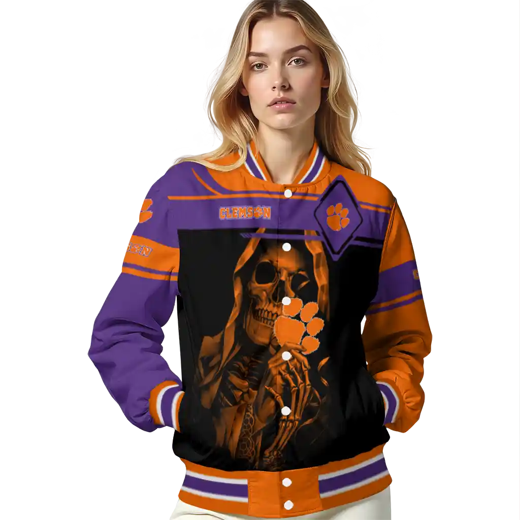 custom clemson tigers reaper hands orange black varsity jacket latest model custom clemson tigers reaper hands orange black varsity jacket latest model