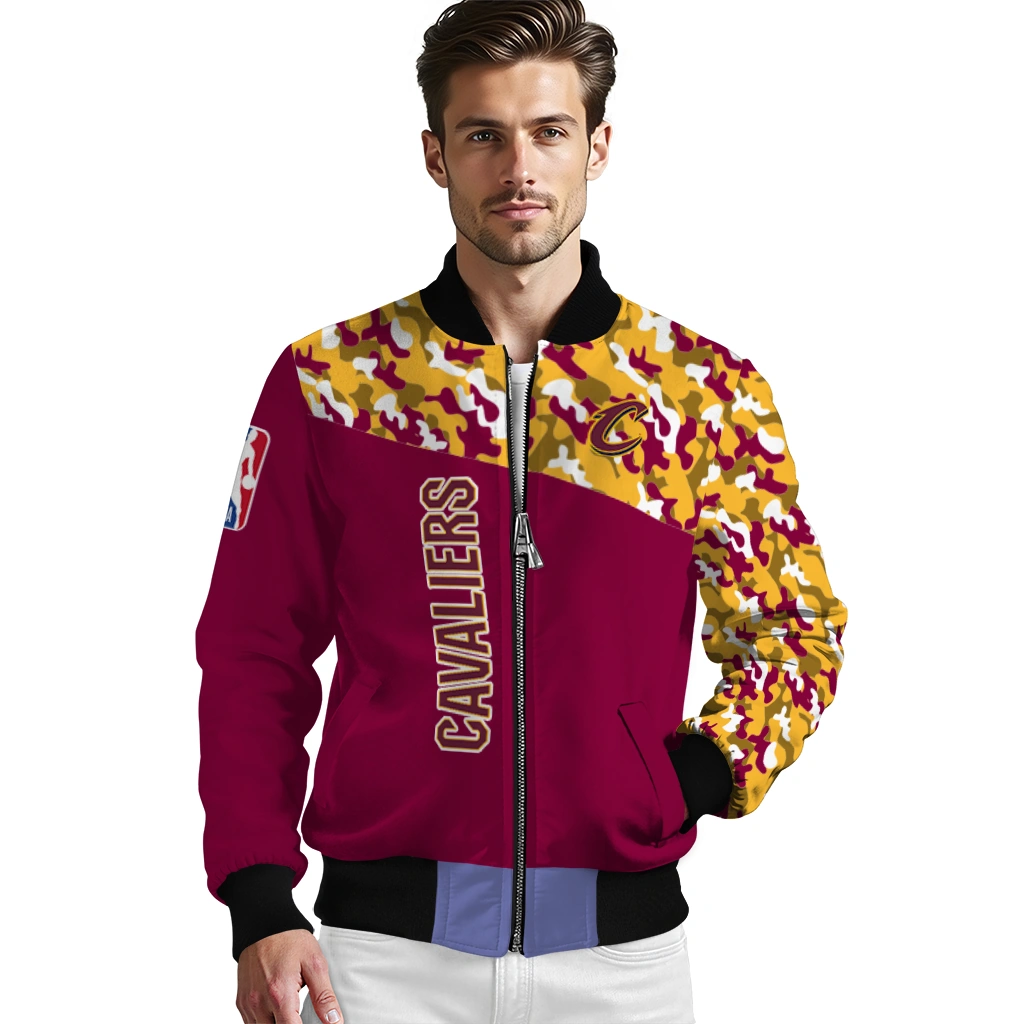 custom cleveland cavaliers camouflage style wine bomber jacket high quality custom cleveland cavaliers camouflage style wine bomber jacket high quality