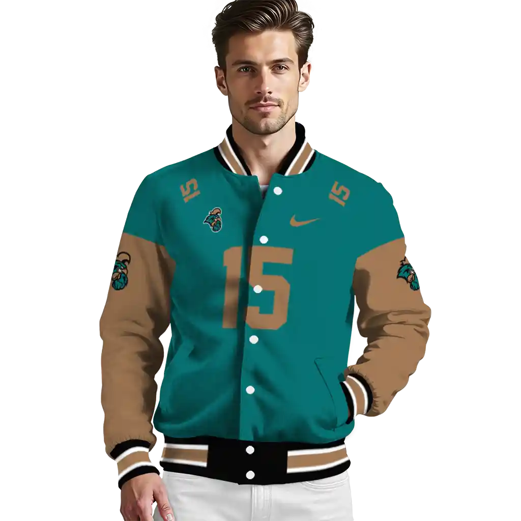 custom coastal carolina chanticleers team patch green varsity jacket high quality custom coastal carolina chanticleers team patch green varsity jacket high quality