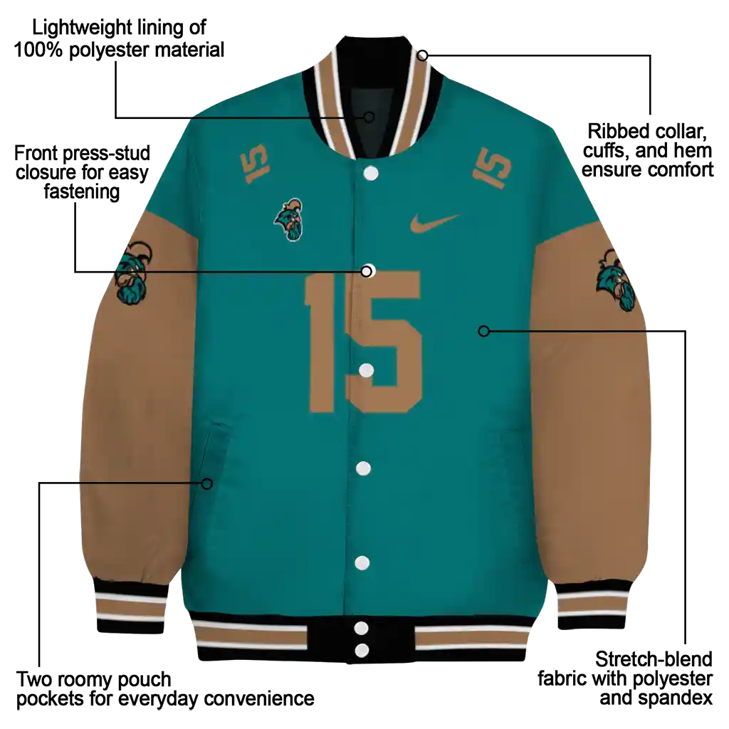 custom coastal carolina chanticleers team patch green varsity jacket new arrival custom coastal carolina chanticleers team patch green varsity jacket new arrival