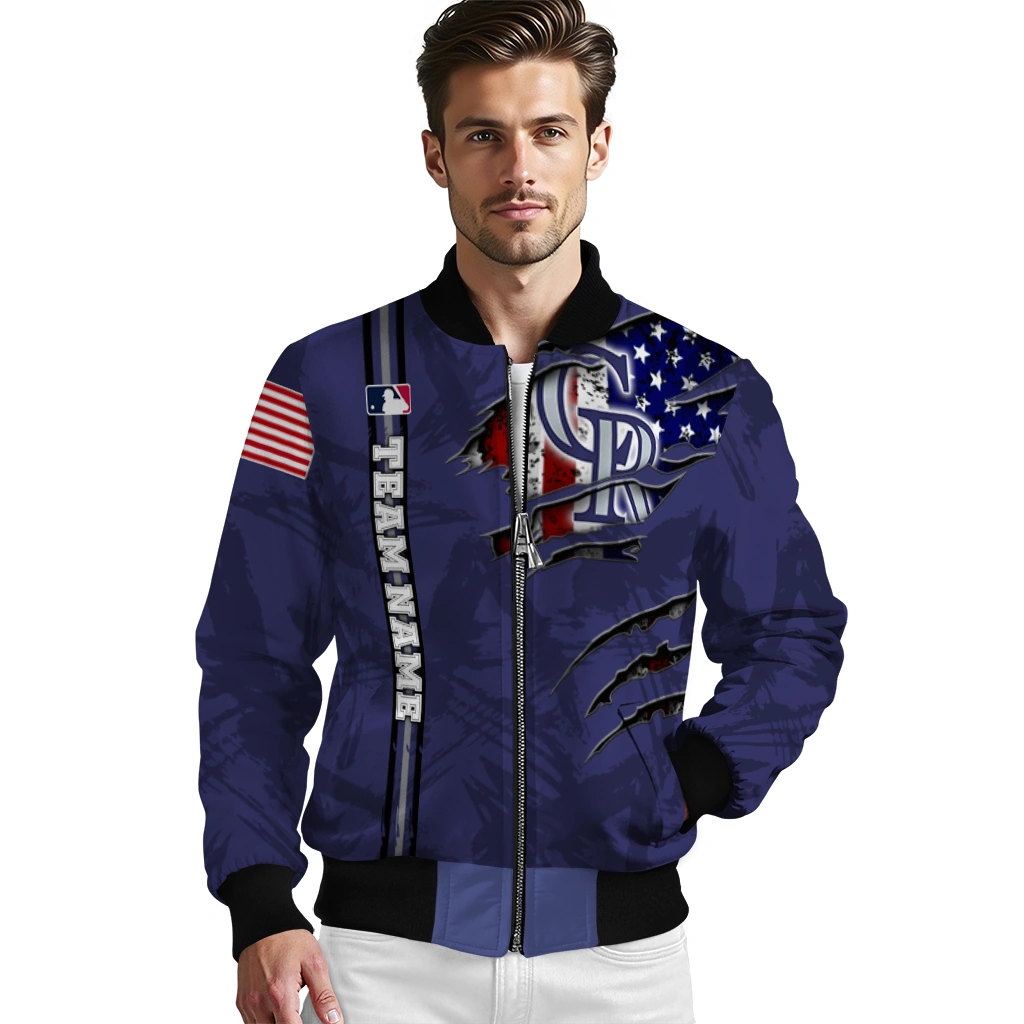 custom colorado rockies us flag claws blue bomber jacket high quality custom colorado rockies us flag claws blue bomber jacket high quality