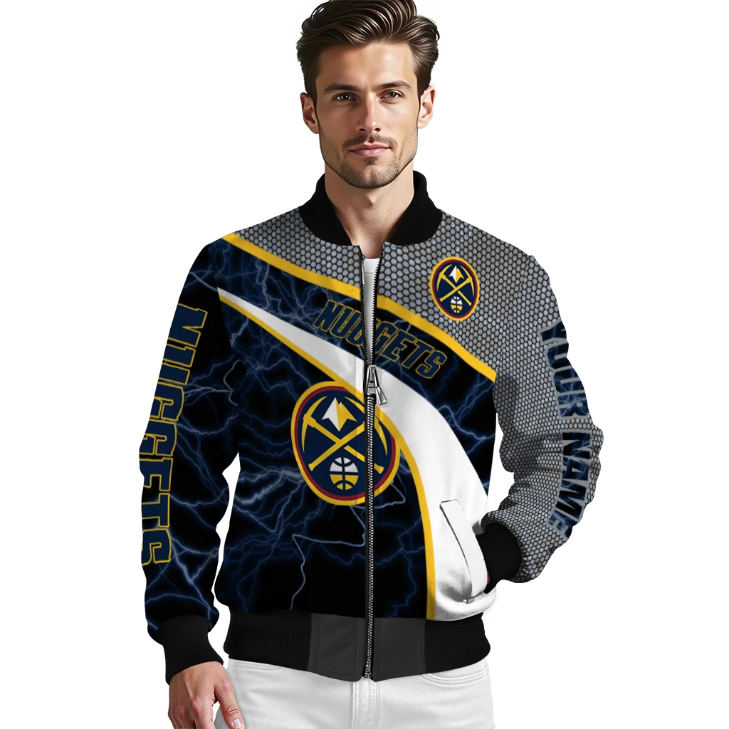 custom denver nuggets electric flash blue bomber jacket high quality custom denver nuggets electric flash blue bomber jacket high quality