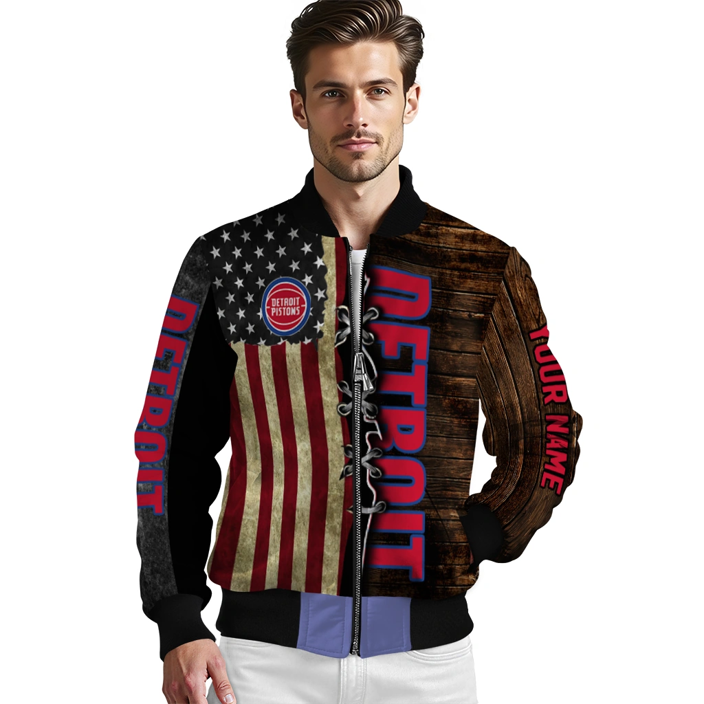 custom detroit pistons flag wood brown bomber jacket high quality custom detroit pistons flag wood brown bomber jacket high quality