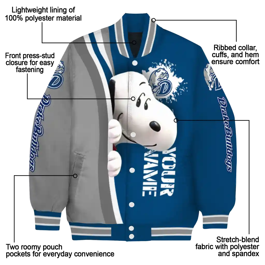 custom drake bulldogs snoopy head blue varsity jacket new arrival custom drake bulldogs snoopy head blue varsity jacket new arrival
