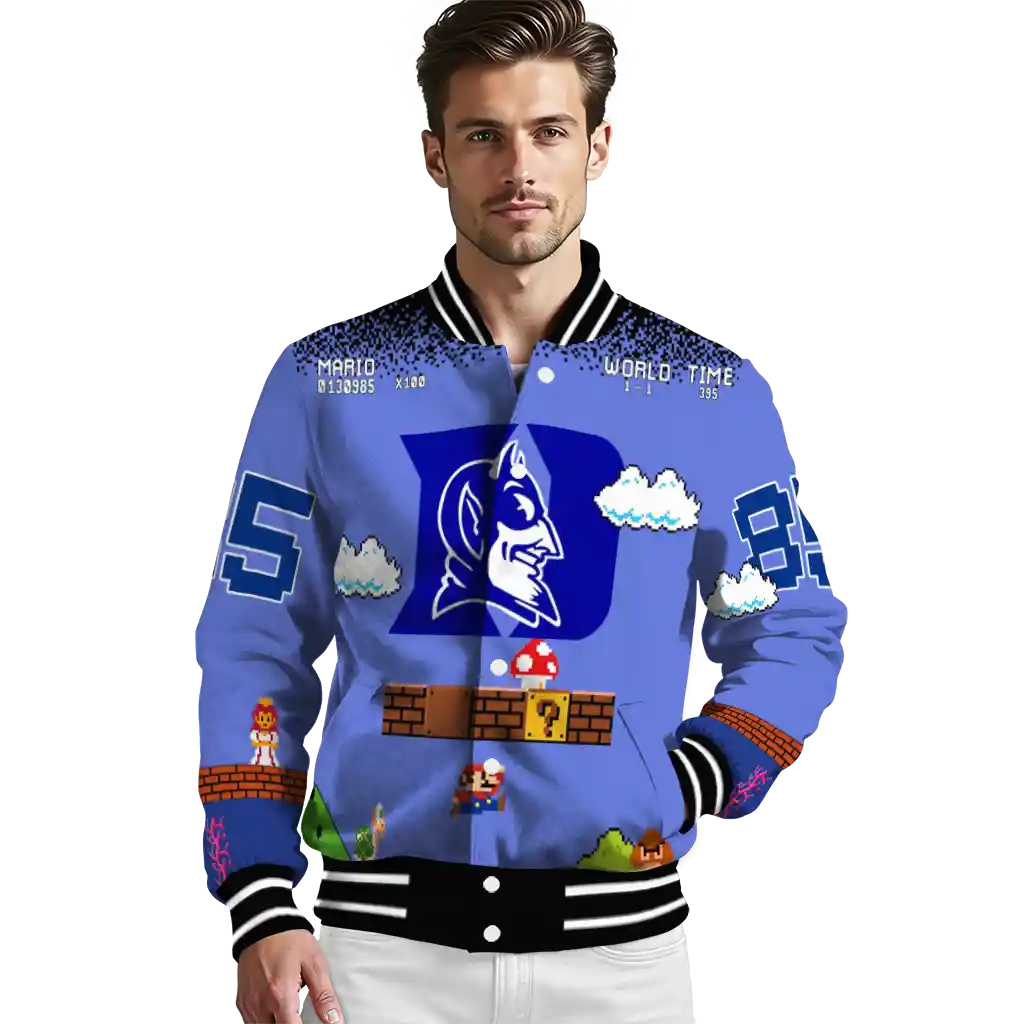 custom duke blue devils mario blocks blue black varsity jacket high quality custom duke blue devils mario blocks blue black varsity jacket high quality