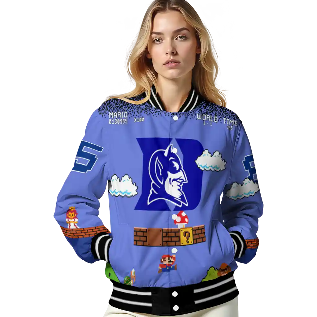 custom duke blue devils mario blocks blue black varsity jacket latest model custom duke blue devils mario blocks blue black varsity jacket latest model