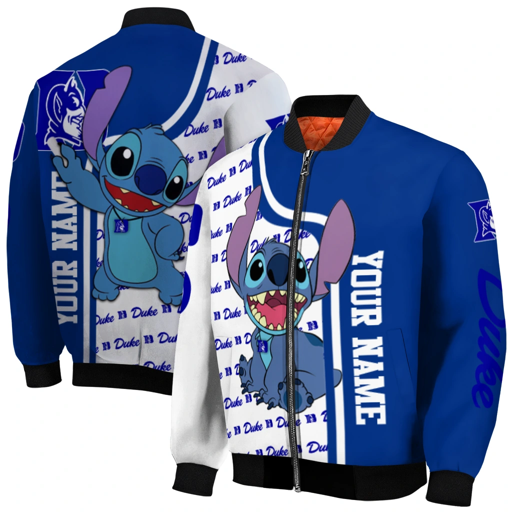 custom duke blue devils stitch laughing blue bomber jacket best selling custom duke blue devils stitch laughing blue bomber jacket best selling