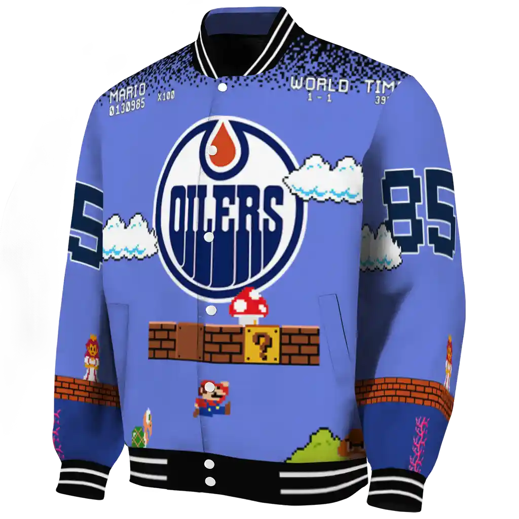 custom edmonton oilers mario blocks blue black varsity jacket best selling custom edmonton oilers mario blocks blue black varsity jacket best selling
