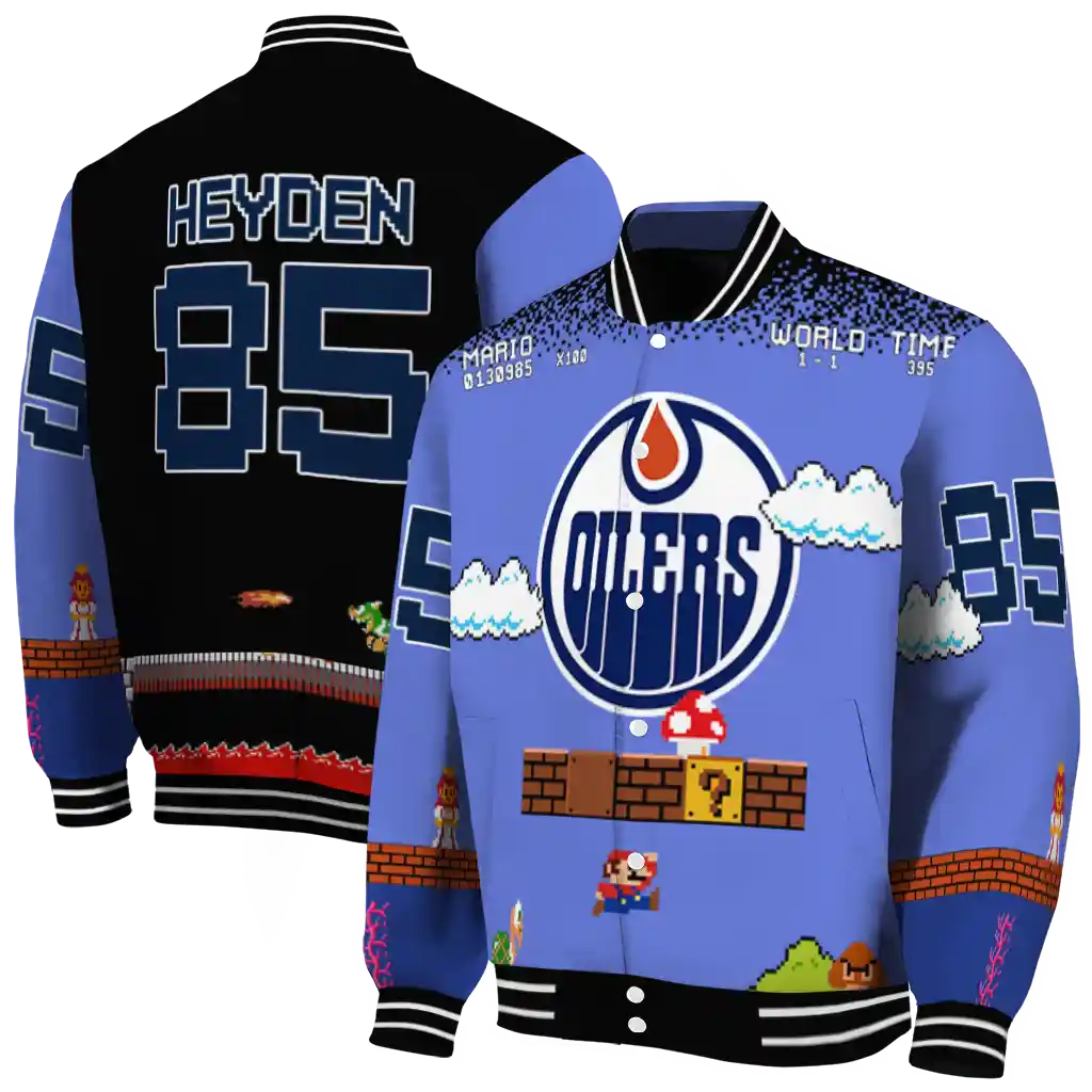 custom edmonton oilers mario blocks blue black varsity jacket fashion forward custom edmonton oilers mario blocks blue black varsity jacket fashion forward