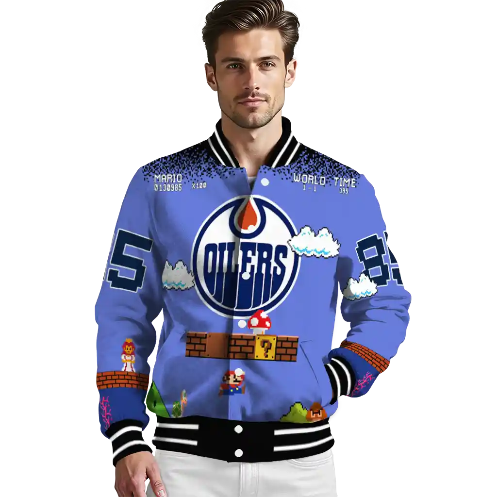 custom edmonton oilers mario blocks blue black varsity jacket high quality custom edmonton oilers mario blocks blue black varsity jacket high quality