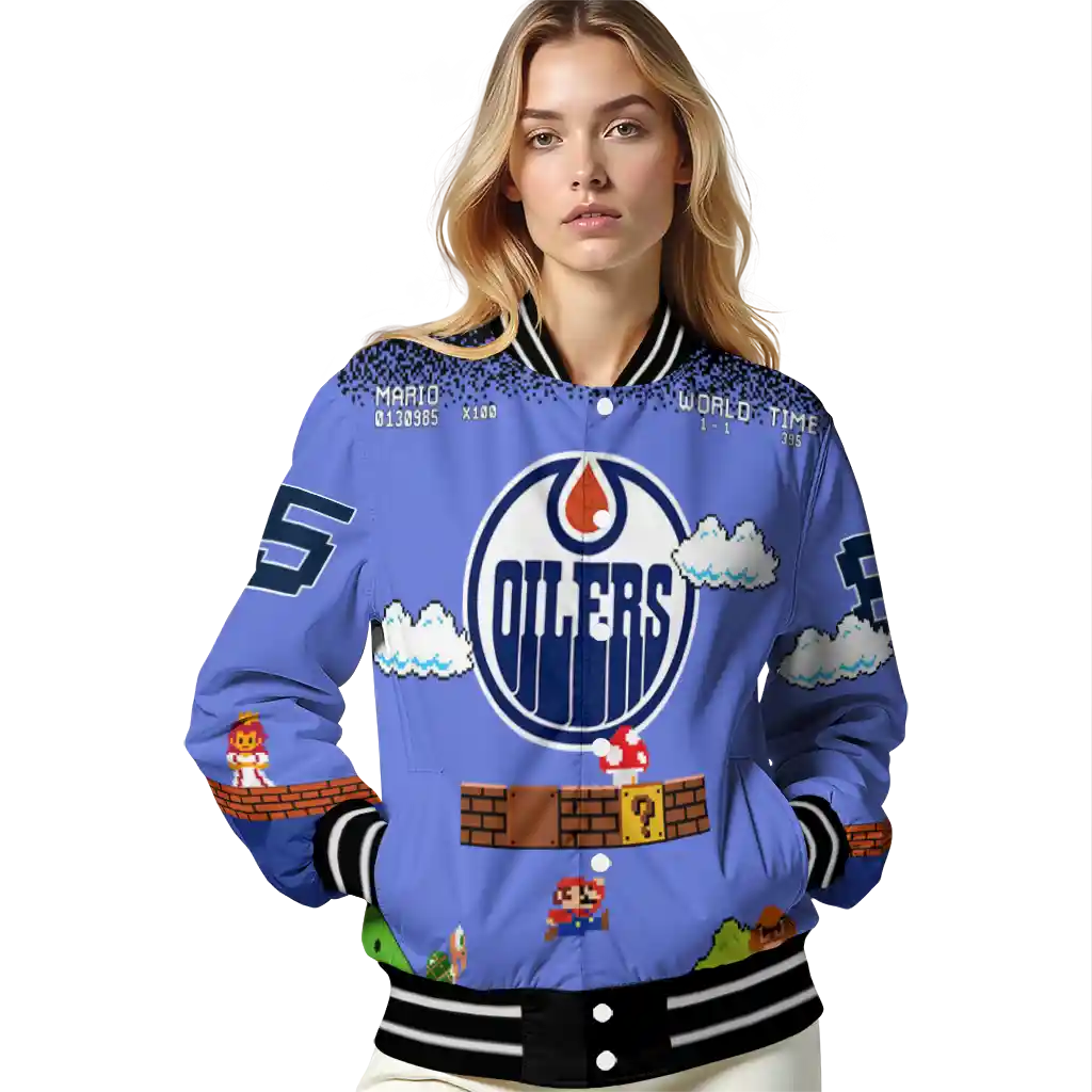 custom edmonton oilers mario blocks blue black varsity jacket latest model custom edmonton oilers mario blocks blue black varsity jacket latest model