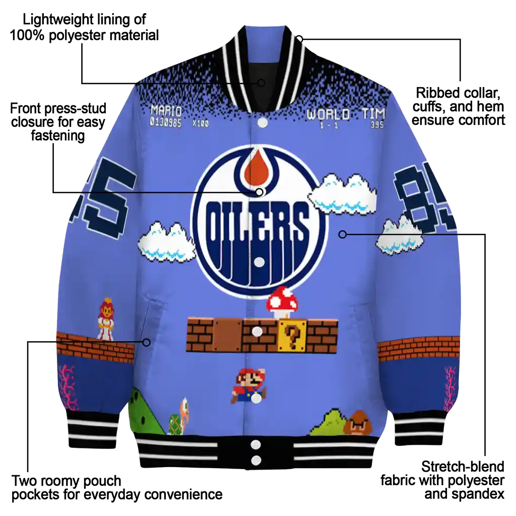 custom edmonton oilers mario blocks blue black varsity jacket new arrival custom edmonton oilers mario blocks blue black varsity jacket new arrival