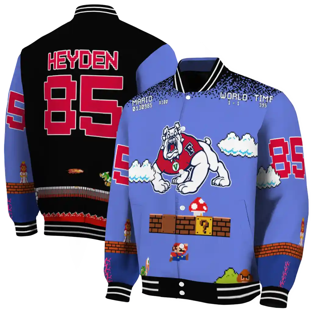 custom fresno state bulldogs mario blocks blue black varsity jacket fashion forward custom fresno state bulldogs mario blocks blue black varsity jacket fashion forward