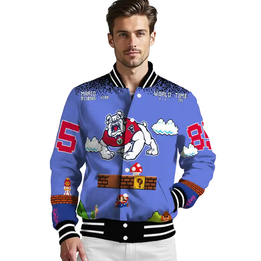 custom fresno state bulldogs mario blocks blue black varsity jacket high quality custom fresno state bulldogs mario blocks blue black varsity jacket high quality
