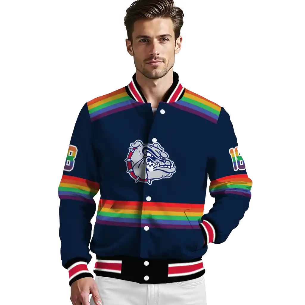 custom gonzaga bulldogs rainbow jersey number blue varsity jacket high quality custom gonzaga bulldogs rainbow jersey number blue varsity jacket high quality