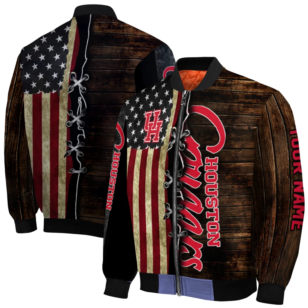 custom houston cougars flag wood brown bomber jacket best selling custom houston cougars flag wood brown bomber jacket best selling