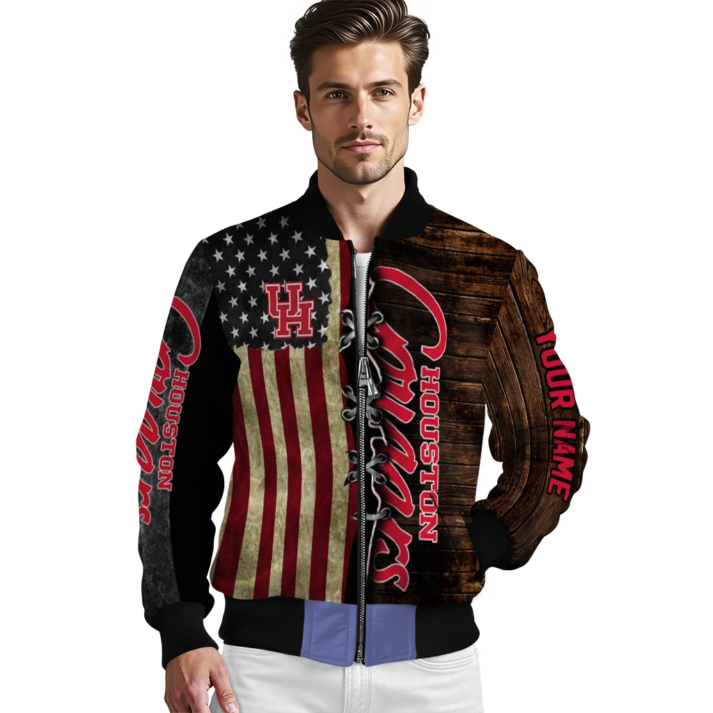 custom houston cougars flag wood brown bomber jacket high quality custom houston cougars flag wood brown bomber jacket high quality