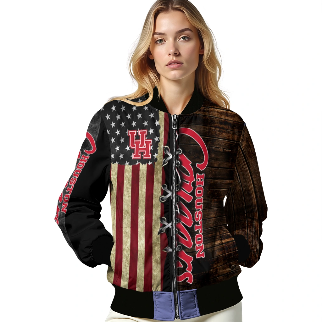 custom houston cougars flag wood brown bomber jacket latest model custom houston cougars flag wood brown bomber jacket latest model