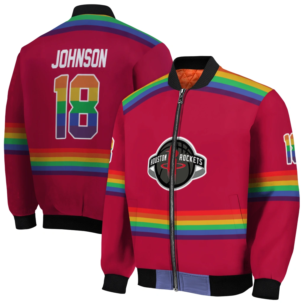 custom houston rockets rainbow jersey number red bomber jacket best selling custom houston rockets rainbow jersey number red bomber jacket best selling