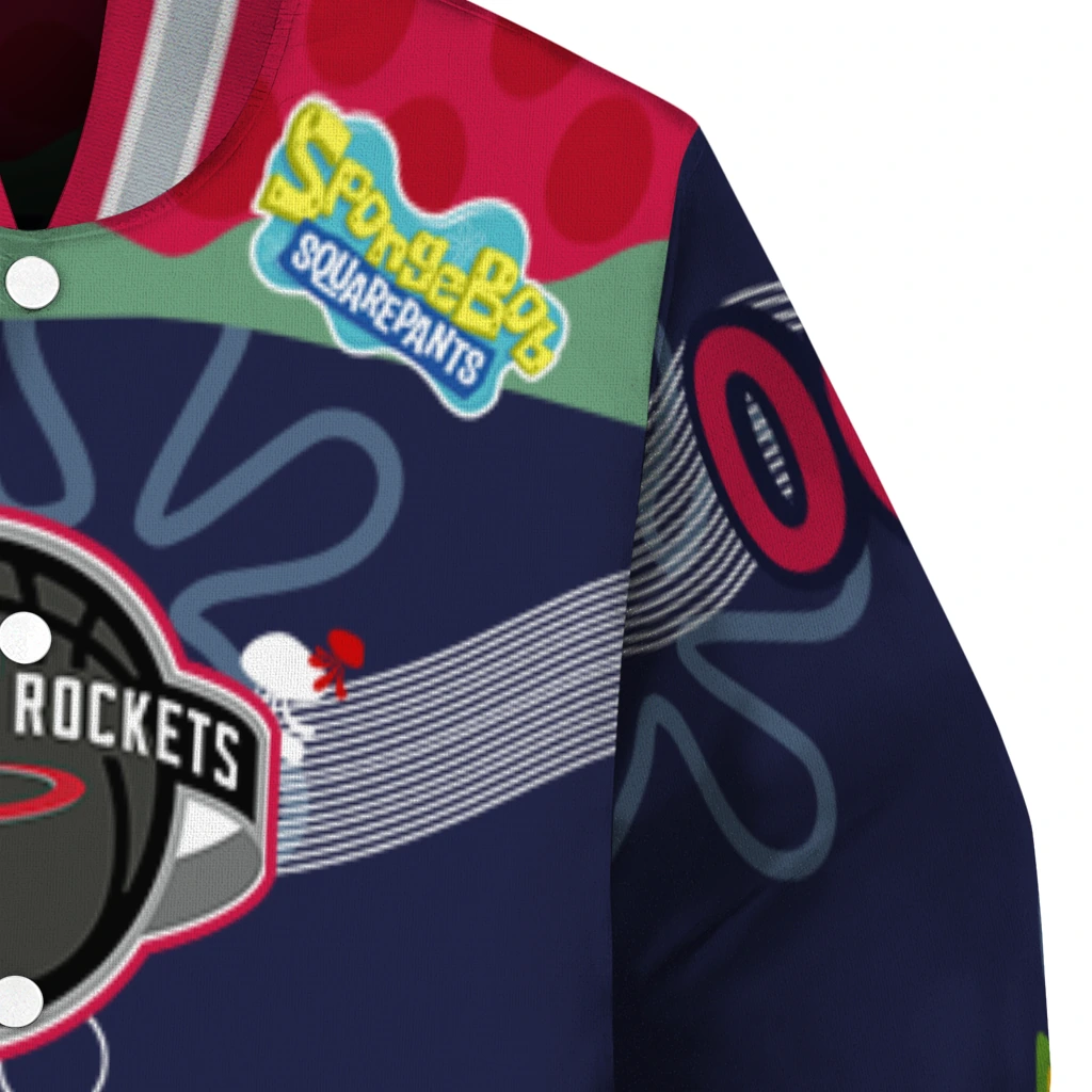 custom houston rockets spongebob playtime red blue varsity jacket premium grade custom houston rockets spongebob playtime red blue varsity jacket premium grade