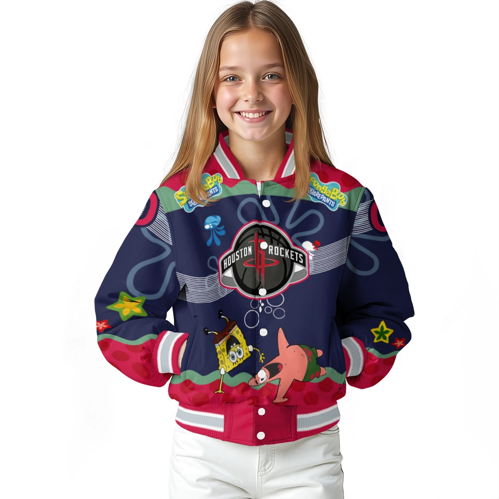 custom houston rockets spongebob playtime red blue varsity jacket top rated custom houston rockets spongebob playtime red blue varsity jacket top rated