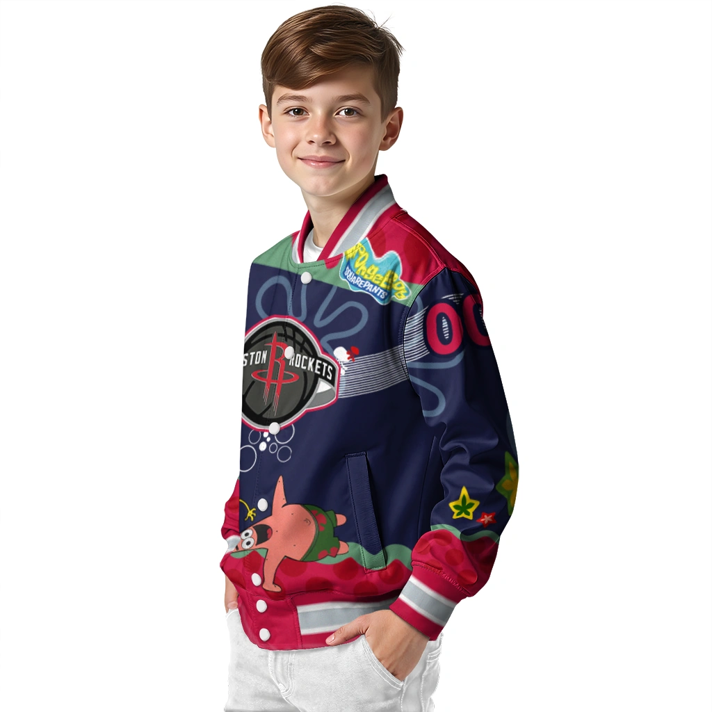 custom houston rockets spongebob playtime red blue varsity jacket trendy custom houston rockets spongebob playtime red blue varsity jacket trendy