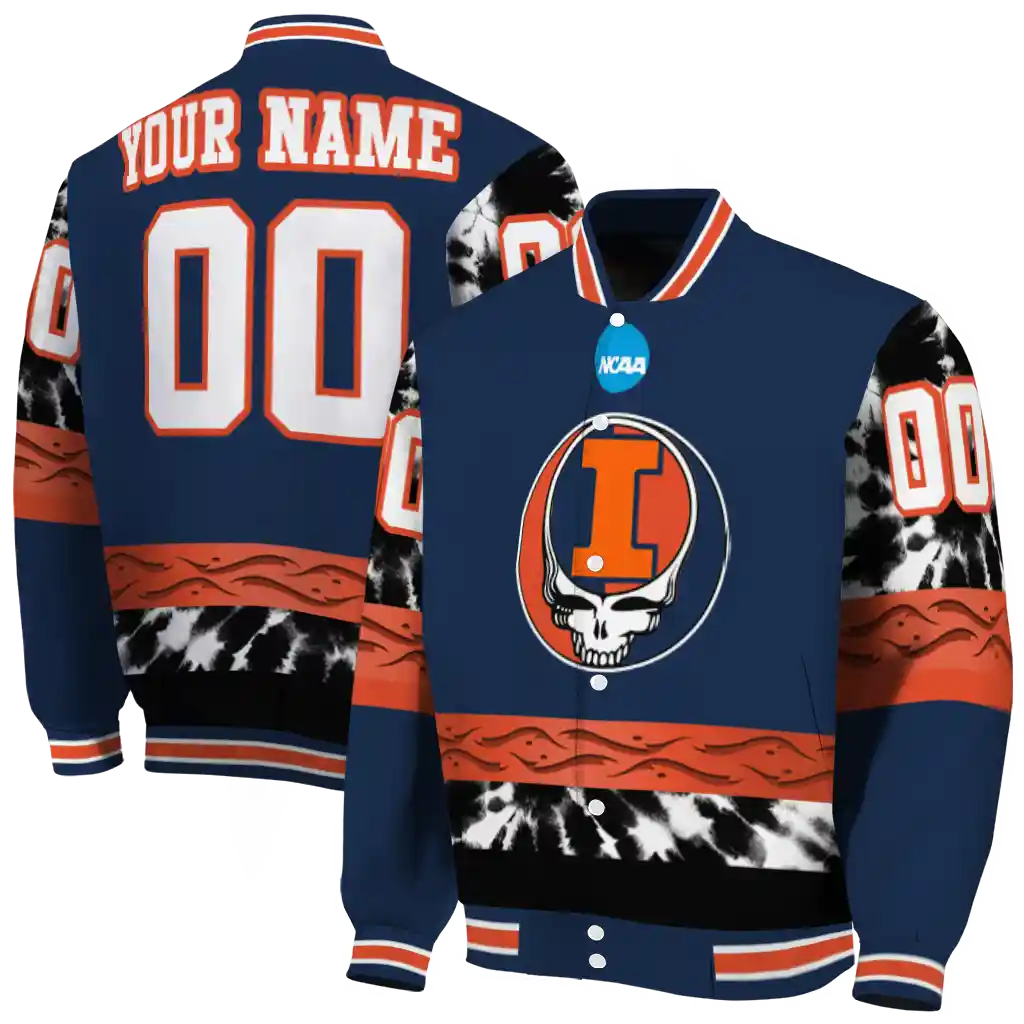 custom illinois fighting illini circle skull blue black varsity jacket fashion forward custom illinois fighting illini circle skull blue black varsity jacket fashion forward