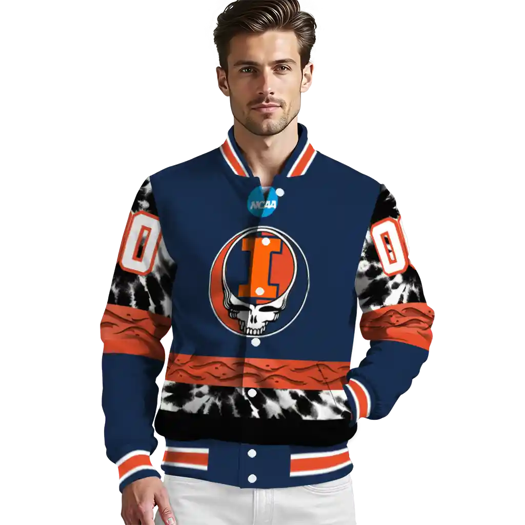 custom illinois fighting illini circle skull blue black varsity jacket high quality custom illinois fighting illini circle skull blue black varsity jacket high quality
